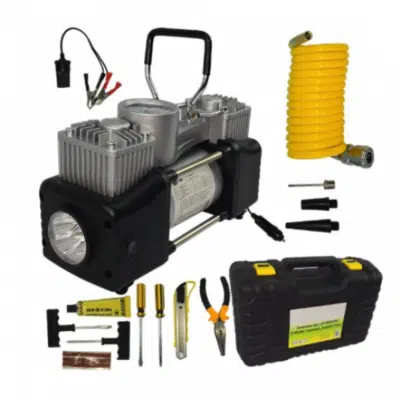 Compresor auto 12V PREMIUM 2 CILINDRII, 7 ACCESORII, LANTERNA SI TRUSA, LIDER