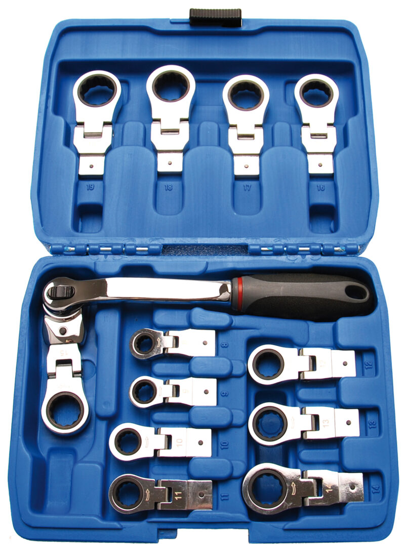 BGS 2258 Set chei inelare cu clichet articulate, cu cap interschimbabil, 8 -19 mm, 12 piese - Chei combinate/fixe si inelare - Simple Tools