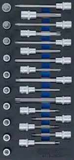 Set biţi profil Torx T20-T70 cu tubulara 1/2" in suport organizator 44929 pentru dulap de scule | 26 piese Set biţi profil Torx T20-T70 cu tubulara 1/2" in suport organizator 44929 pentru dulap de scule | 26 piese