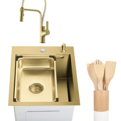 Chiuveta de bucatarie Sandonna HD4050 din inox cu tavita si dispenser + Baterie Andra auriu-alb + Ustensile de gatit din bambus