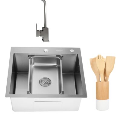 Chiuveta de bucatarie handmade Sandonna HD5550 cu tavita si dozator incluse + Baterie Nera pivotanta + set ustensile pentru gatit - Inox