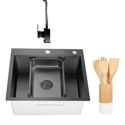 Chiuveta de bucatarie handmade Sandonna HD5550 cu tavita si dozator incluse + Baterie Nera pivotanta + set ustensile pentru gatit - Negru