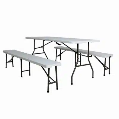 Set masa pliabila 4 persoane din otel cu HDPE 180x70x74 cm + doua banci pliabile din otel si HDPE 183x28x43cm, MESTERINO FURNITURE KJC2061-SET, culoare alba (copiază)
