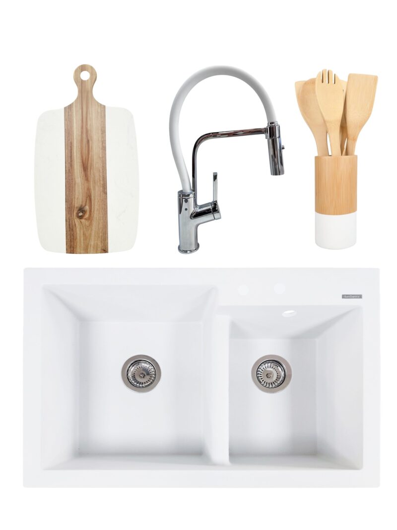 PACHET Chiuveta de bucatarie din granit compozit cu 2 cuve Edyta + Baterie flexibila Andra alb + tocator + ustensile din bambus pentru gatit - Alb PACHET Chiuveta de bucatarie din granit compozit cu 2 cuve Edyta + Baterie flexibila Andra alb + tocator + ustensile din bambus pentru gatit - Alb