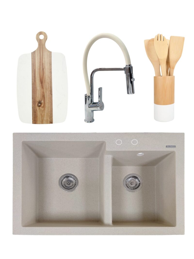 PACHET Chiuveta de bucatarie din granit compozit cu 2 cuve Edyta + Baterie flexibila Andra alb + tocator + ustensile din bambus pentru gatit - Bej PACHET Chiuveta de bucatarie din granit compozit cu 2 cuve Edyta + Baterie flexibila Andra alb + tocator + ustensile din bambus pentru gatit - Bej