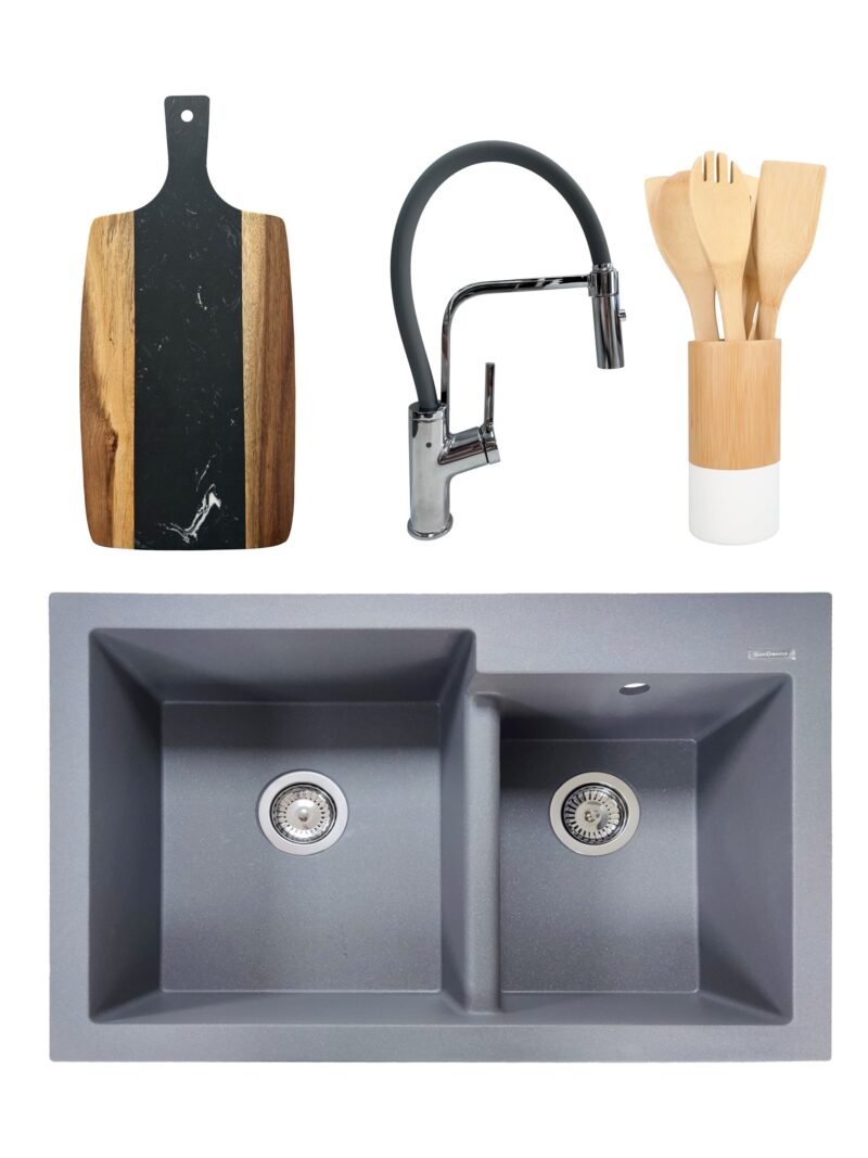 PACHET Chiuveta de bucatarie din granit compozit cu 2 cuve Edyta + Baterie flexibila Andra alb + tocator + ustensile din bambus pentru gatit - Gri PACHET Chiuveta de bucatarie din granit compozit cu 2 cuve Edyta + Baterie flexibila Andra alb + tocator + ustensile din bambus pentru gatit - Gri