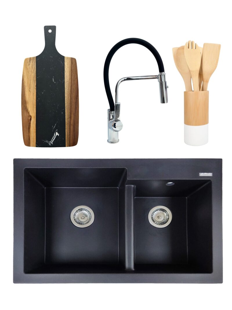 PACHET Chiuveta de bucatarie din granit compozit cu 2 cuve Edyta + Baterie flexibila Andra alb + tocator + ustensile din bambus pentru gatit - Negru PACHET Chiuveta de bucatarie din granit compozit cu 2 cuve Edyta + Baterie flexibila Andra alb + tocator + ustensile din bambus pentru gatit - Negru