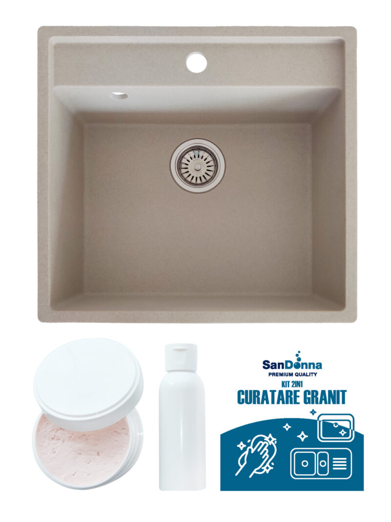 SET Chiuveta din granit compozit SanDonna Selena + Kit de curatare 2in1 format din pasta si ulei impregnant - Bej
