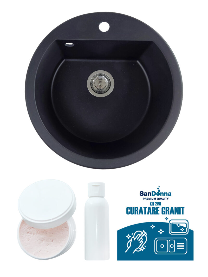 SET Chiuveta din granit compozit SanDonna Lena + Kit de curatare 2in1 format din pasta si ulei impregnant - Negru