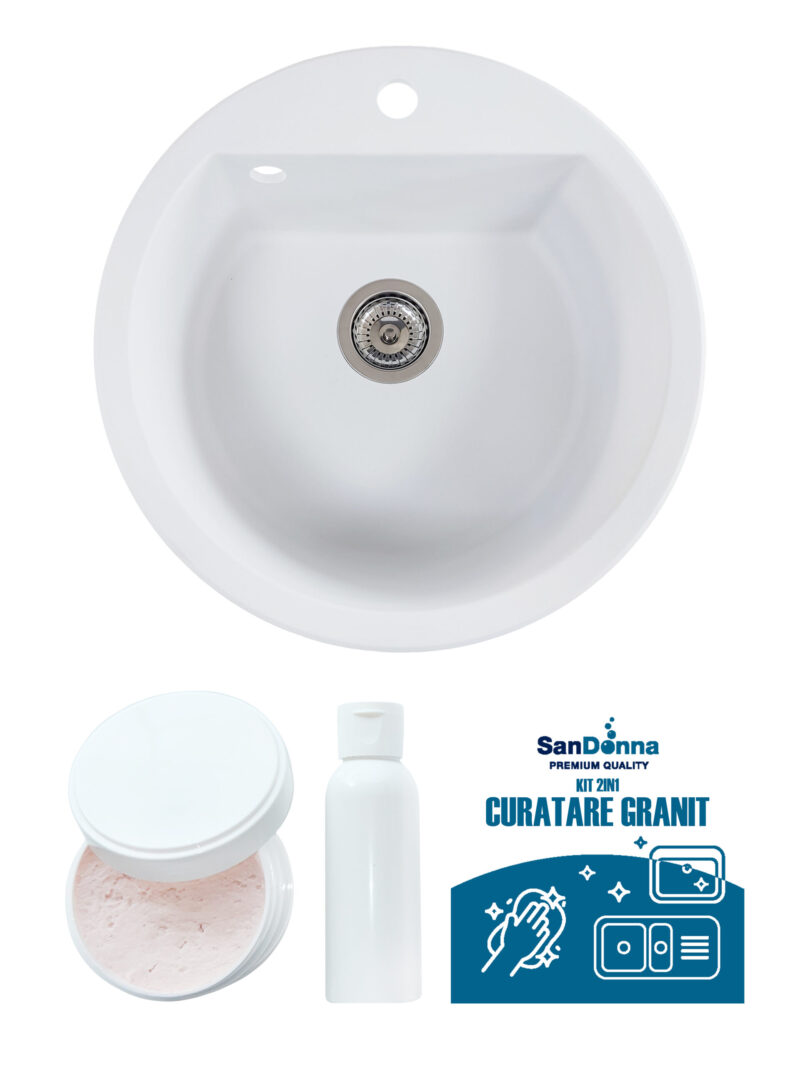 SET Chiuveta din granit compozit SanDonna Lena + Kit de curatare 2in1 format din pasta si ulei impregnant - Alb