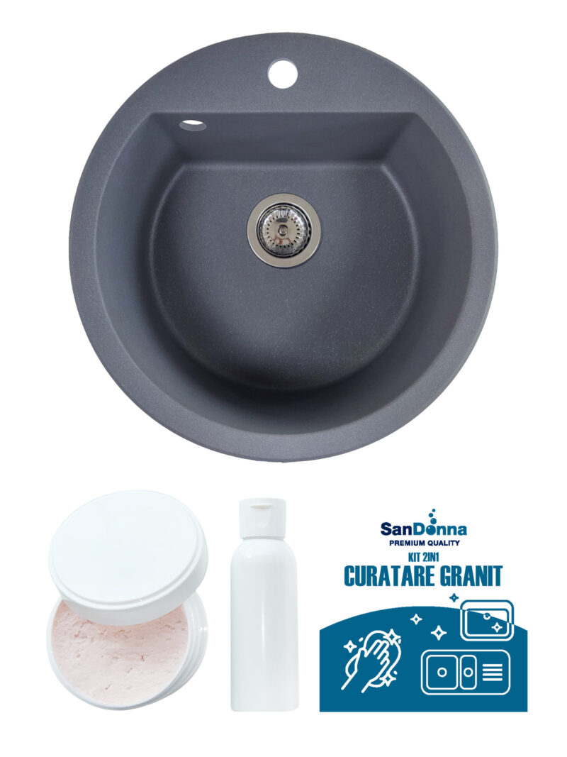 SET Chiuveta din granit compozit SanDonna Lena + Kit de curatare 2in1 format din pasta si ulei impregnant - Gri