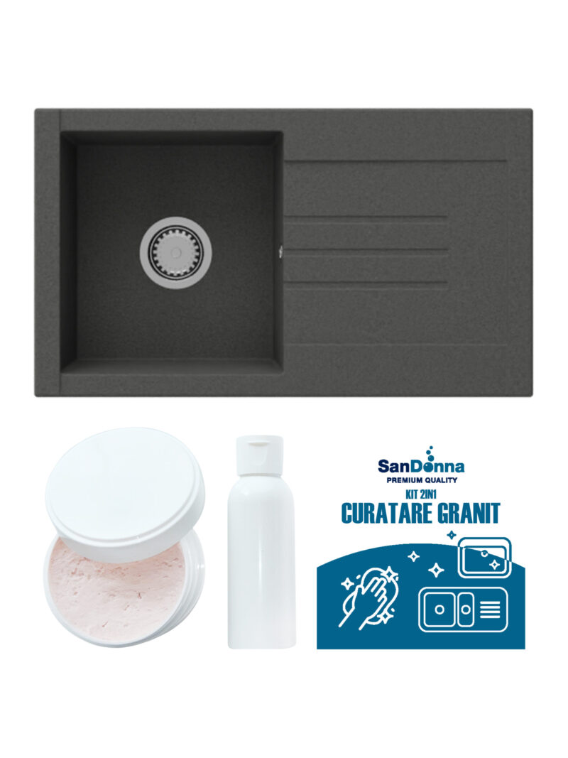 SET Chiuveta din granit compozit SanDonna Arona + Kit de curatare 2in1 format din pasta si ulei impregnant - Negru SET Chiuveta din granit compozit SanDonna Arona + Kit de curatare 2in1 format din pasta si ulei impregnant - Negru