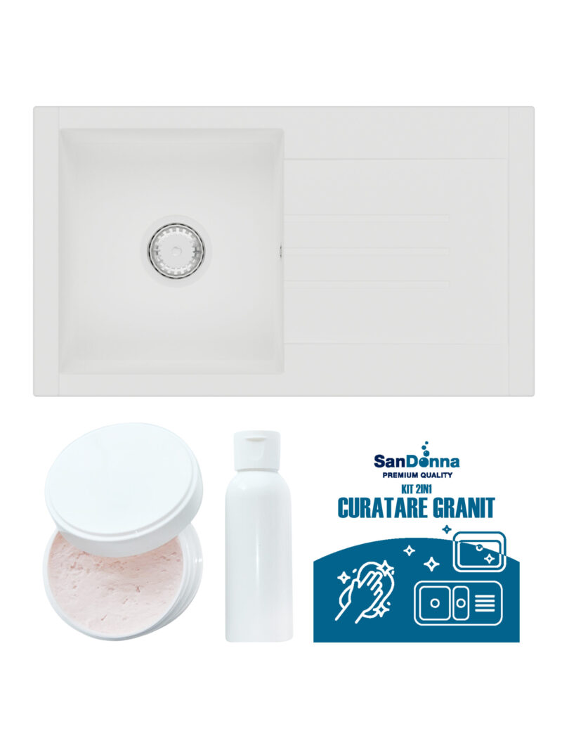 SET Chiuveta din granit compozit SanDonna Arona + Kit de curatare 2in1 format din pasta si ulei impregnant - Alb