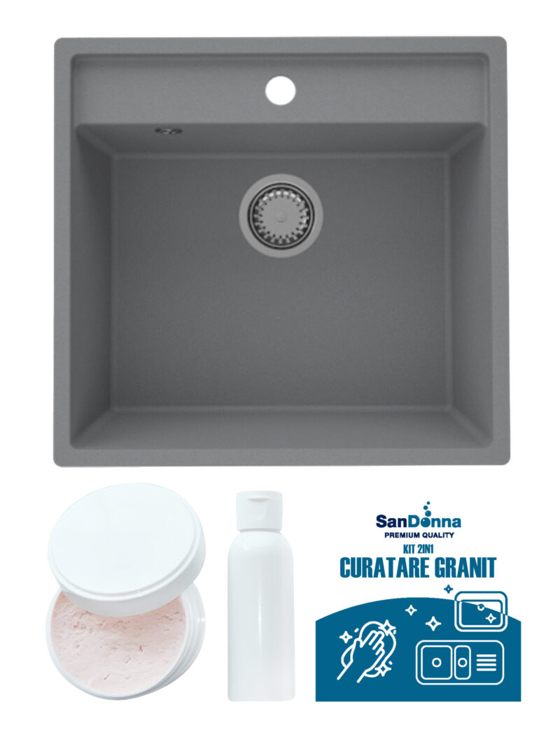 SET Chiuveta din granit compozit SanDonna Selena + Kit de curatare 2in1 format din pasta si ulei impregnant - Gri SET Chiuveta din granit compozit SanDonna Selena + Kit de curatare 2in1 format din pasta si ulei impregnant - Gri