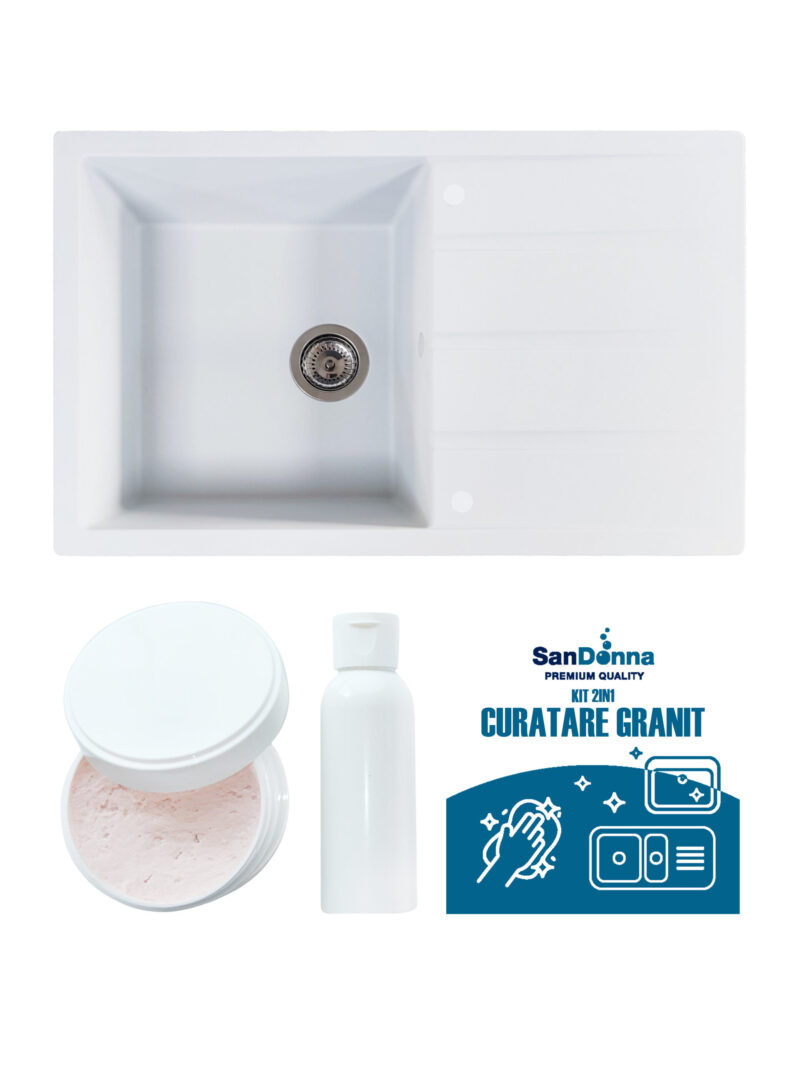 SET Chiuveta din granit compozit SanDonna Paullina + Kit de curatare 2in1 format din pasta si ulei impregnant - Alb SET Chiuveta din granit compozit SanDonna Paullina + Kit de curatare 2in1 format din pasta si ulei impregnant - Alb