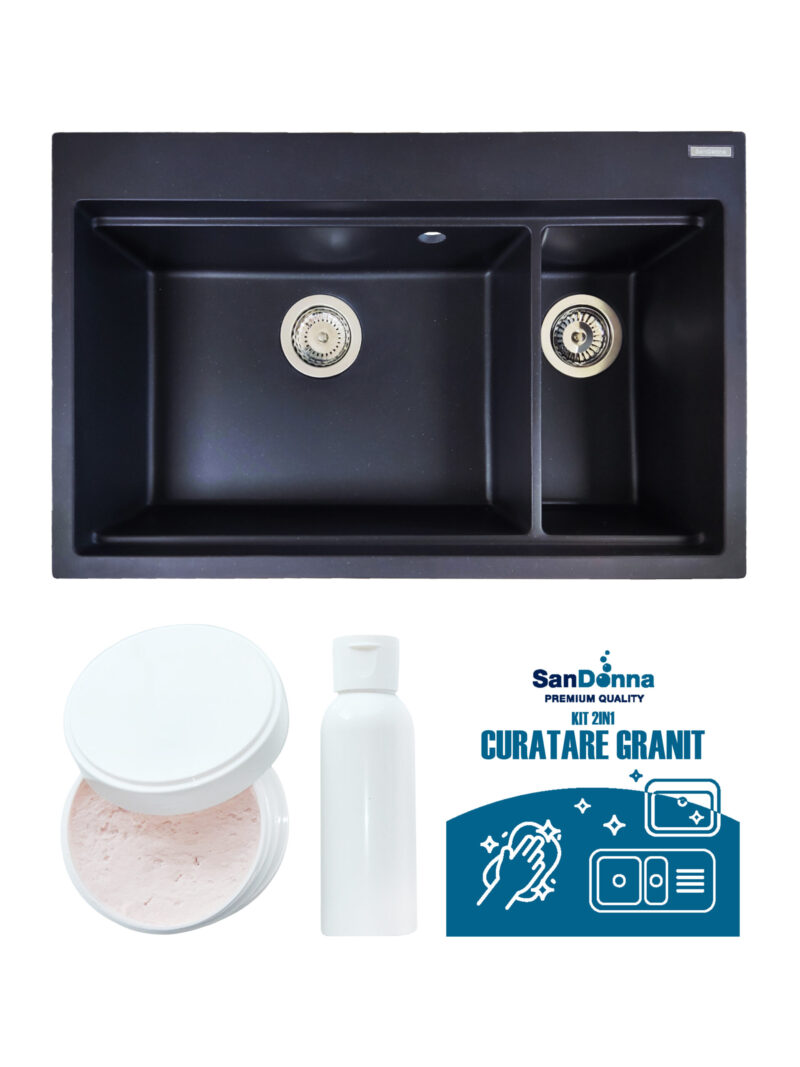 SET Chiuveta din granit compozit SanDonna Magdalena + Kit de curatare 2in1 format din pasta si ulei impregnant - Negru