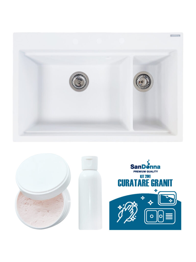 SET Chiuveta din granit compozit SanDonna Magdalena + Kit de curatare 2in1 format din pasta si ulei impregnant - Alb