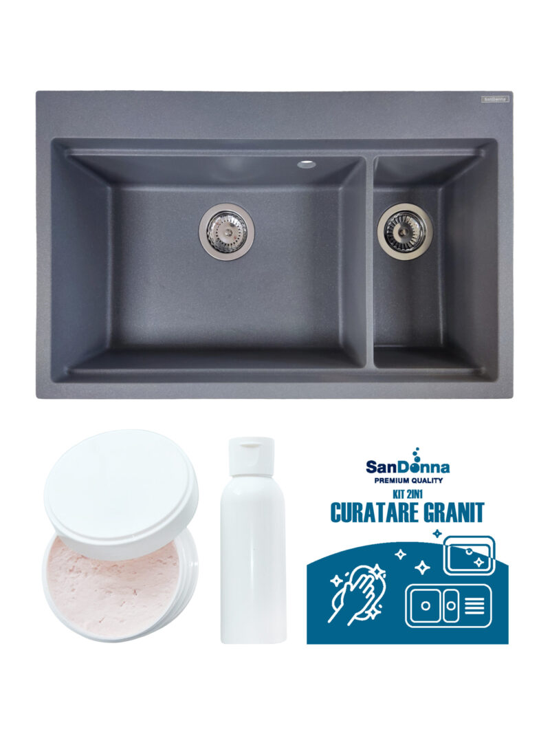 SET Chiuveta din granit compozit SanDonna Magdalena + Kit de curatare 2in1 format din pasta si ulei impregnant - Gri SET Chiuveta din granit compozit SanDonna Magdalena + Kit de curatare 2in1 format din pasta si ulei impregnant - Gri