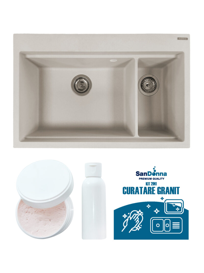 SET Chiuveta din granit compozit SanDonna Magdalena + Kit de curatare 2in1 format din pasta si ulei impregnant - Bej