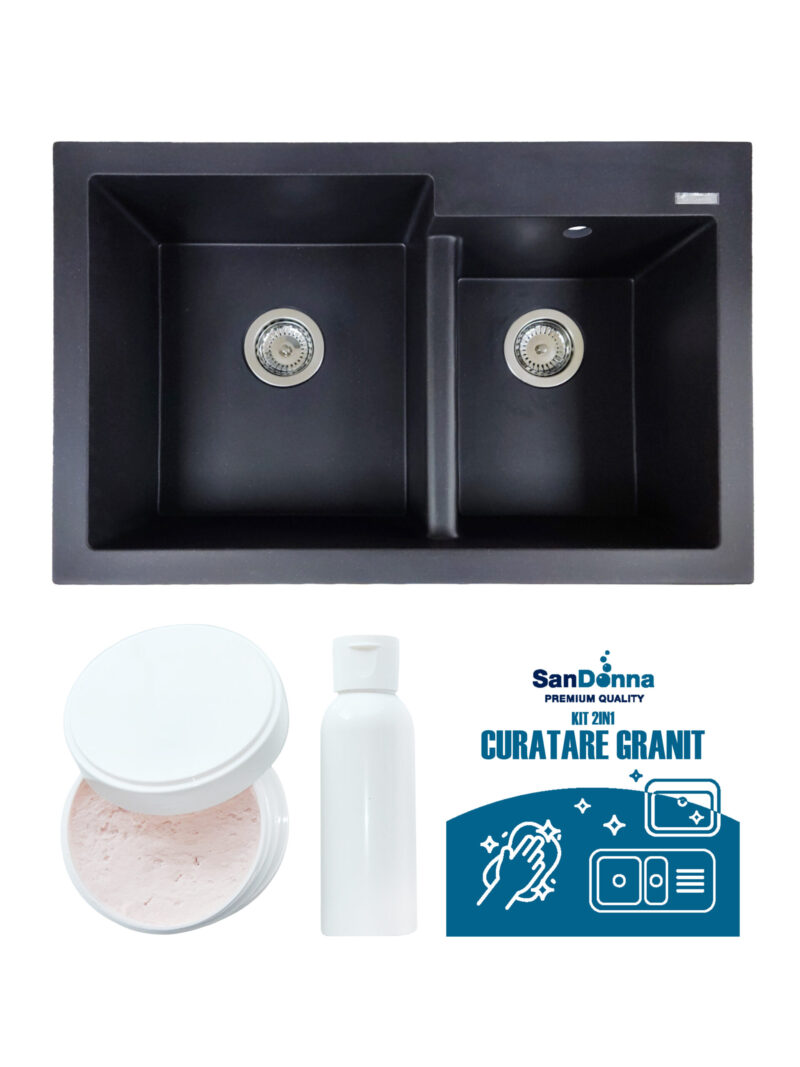 SET Chiuveta din granit compozit SanDonna Edyta + Kit de curatare 2in1 format din pasta si ulei impregnant - Negru SET Chiuveta din granit compozit SanDonna Edyta + Kit de curatare 2in1 format din pasta si ulei impregnant - Negru