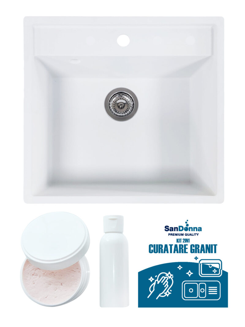 SET Chiuveta din granit compozit SanDonna Selena + Kit de curatare 2in1 format din pasta si ulei impregnant - Alb SET Chiuveta din granit compozit SanDonna Selena + Kit de curatare 2in1 format din pasta si ulei impregnant - Alb