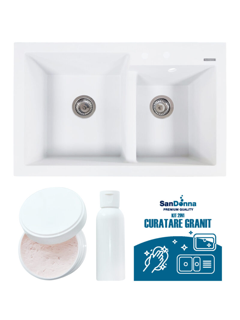 SET Chiuveta din granit compozit SanDonna Edyta + Kit de curatare 2in1 format din pasta si ulei impregnant - Alb SET Chiuveta din granit compozit SanDonna Edyta + Kit de curatare 2in1 format din pasta si ulei impregnant - Alb