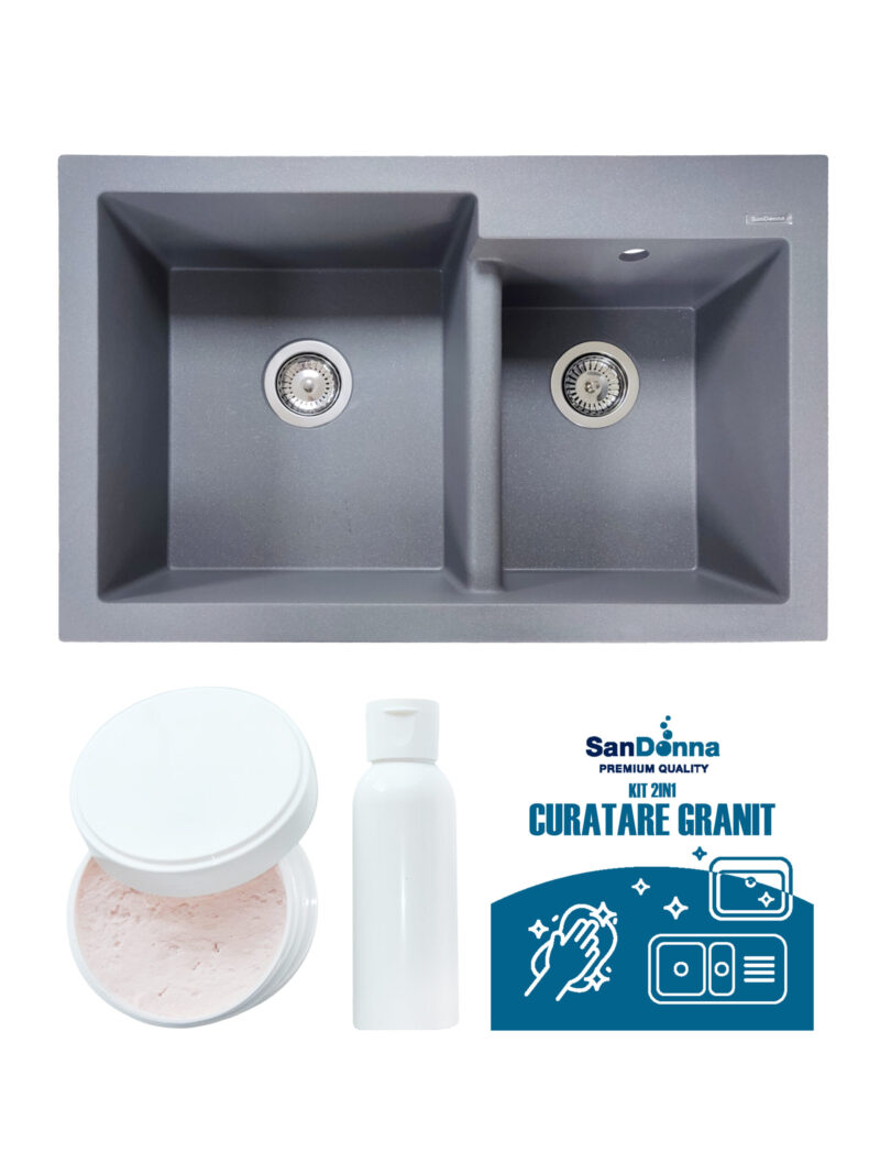 SET Chiuveta din granit compozit SanDonna Edyta + Kit de curatare 2in1 format din pasta si ulei impregnant - Gri SET Chiuveta din granit compozit SanDonna Edyta + Kit de curatare 2in1 format din pasta si ulei impregnant - Gri