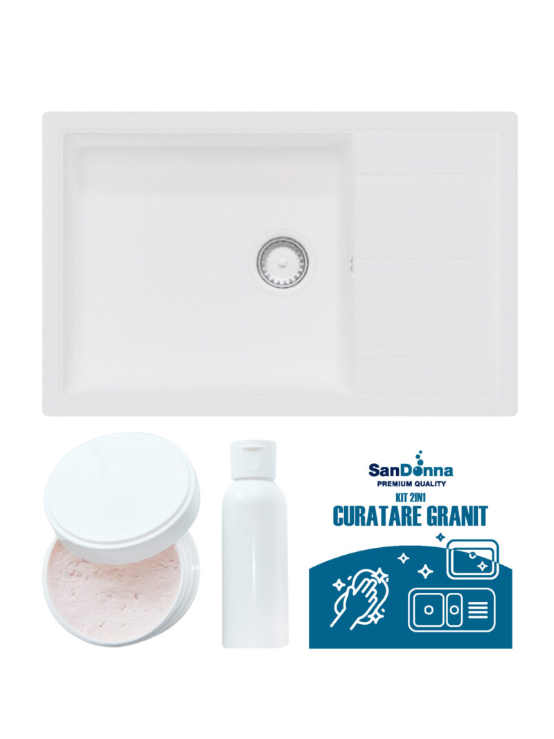 SET Chiuveta din granit compozit SanDonna Ewelina + Kit de curatare 2in1 format din pasta si ulei impregnant - Alb