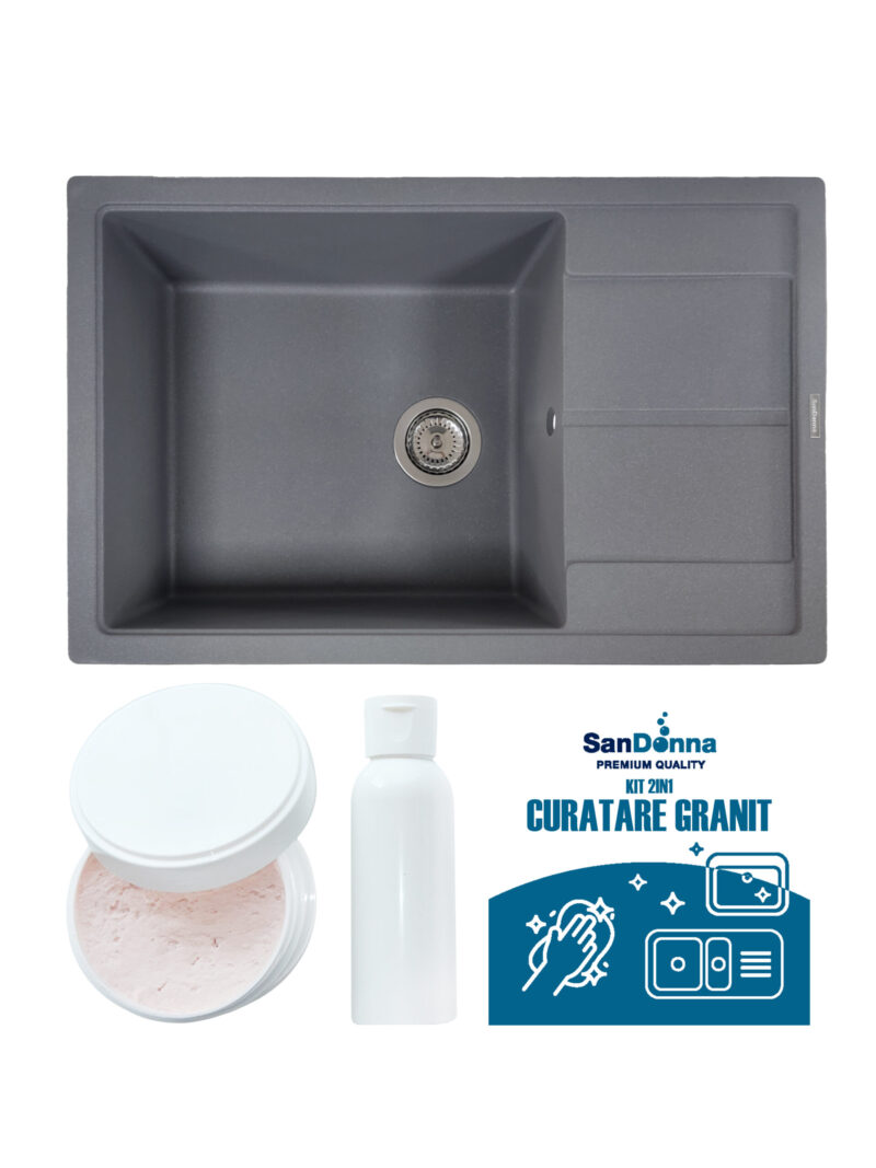 SET Chiuveta din granit compozit SanDonna Ewelina + Kit de curatare 2in1 format din pasta si ulei impregnant - Gri