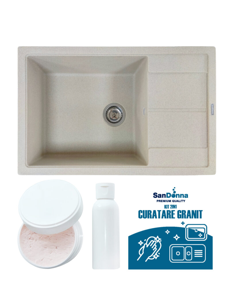 SET Chiuveta din granit compozit SanDonna Ewelina + Kit de curatare 2in1 format din pasta si ulei impregnant - Bej
