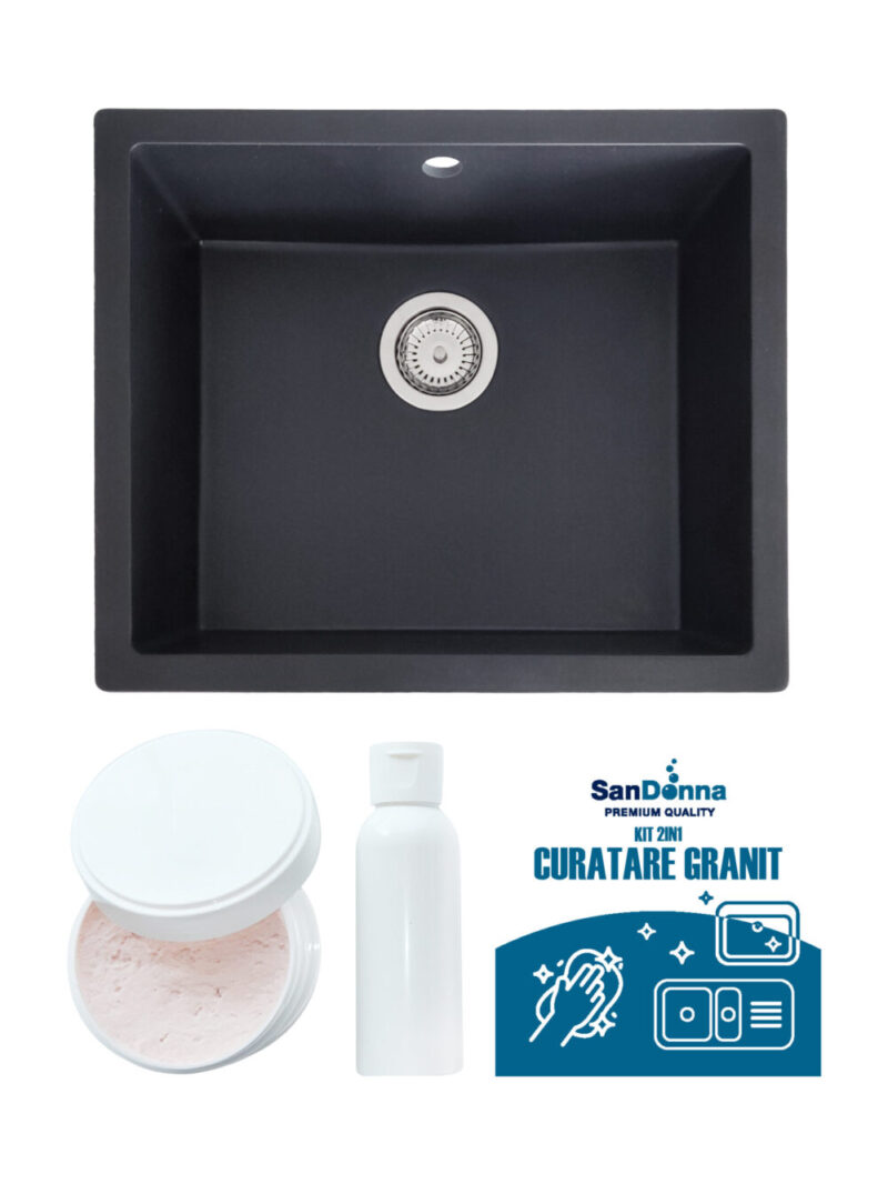 SET Chiuveta din granit compozit SanDonna Joanna + Kit de curatare 2in1 format din pasta si ulei impregnant - Negru