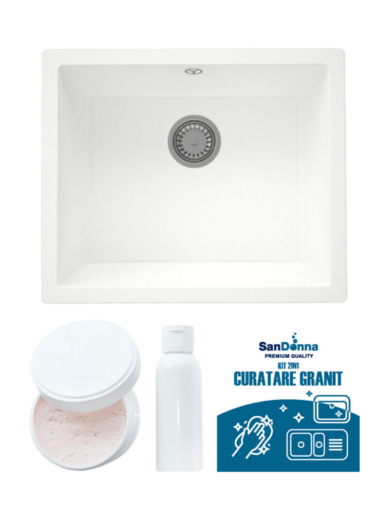 SET Chiuveta din granit compozit SanDonna Joanna + Kit de curatare 2in1 format din pasta si ulei impregnant - Alb