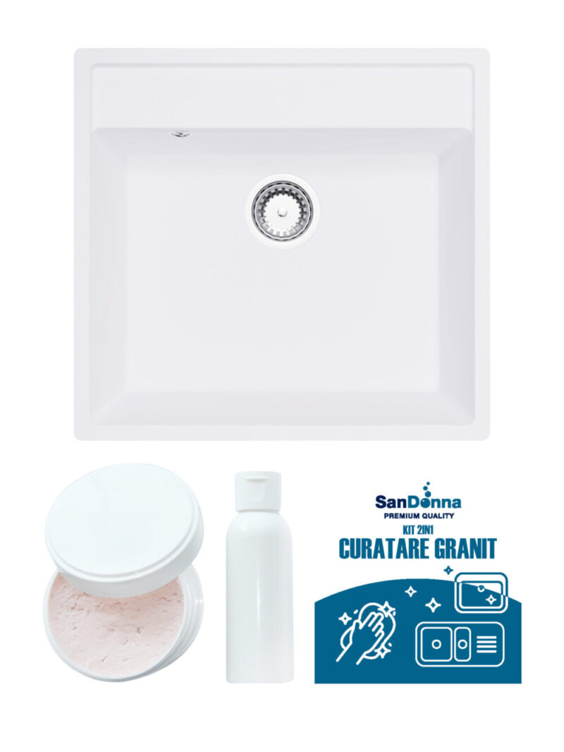 SET Chiuveta din granit compozit SanDonna Emma + Kit de curatare 2in1 format din pasta si ulei impregnant - Alb