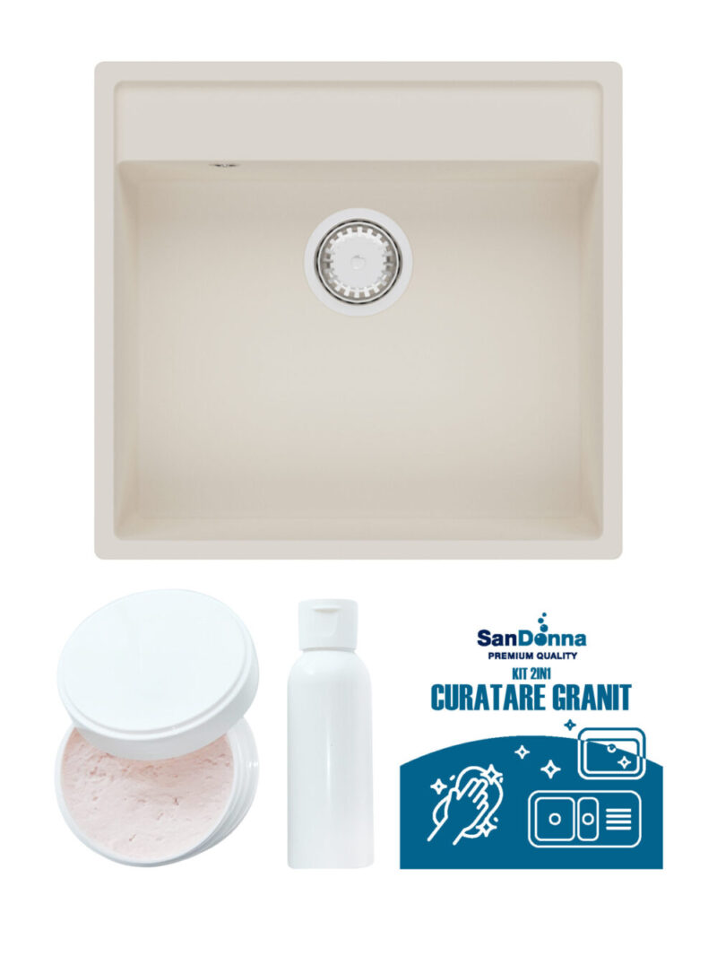 SET Chiuveta din granit compozit SanDonna Emma + Kit de curatare 2in1 format din pasta si ulei impregnant - Bej