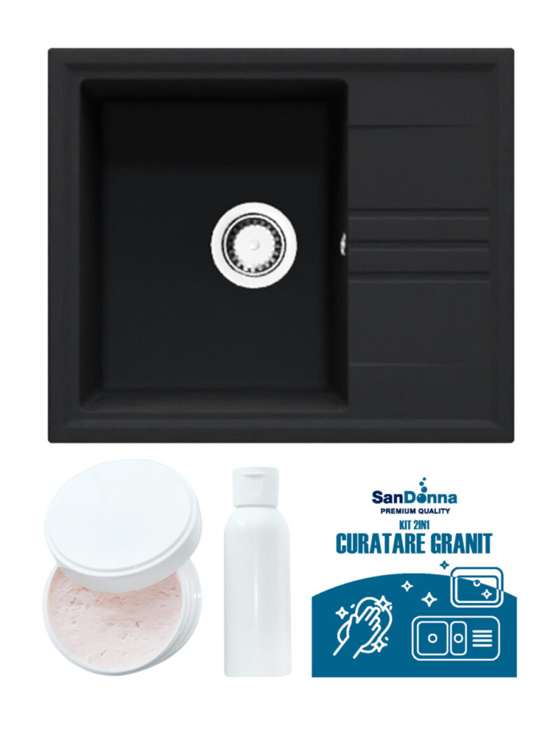SET Chiuveta din granit compozit SanDonna Alina + Kit de curatare 2in1 format din pasta si ulei impregnant - Negru SET Chiuveta din granit compozit SanDonna Alina + Kit de curatare 2in1 format din pasta si ulei impregnant - Negru