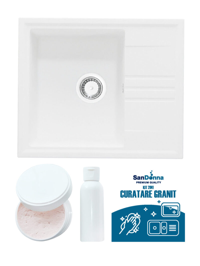 SET Chiuveta din granit compozit SanDonna Alina + Kit de curatare 2in1 format din pasta si ulei impregnant - Alb SET Chiuveta din granit compozit SanDonna Alina + Kit de curatare 2in1 format din pasta si ulei impregnant - Alb