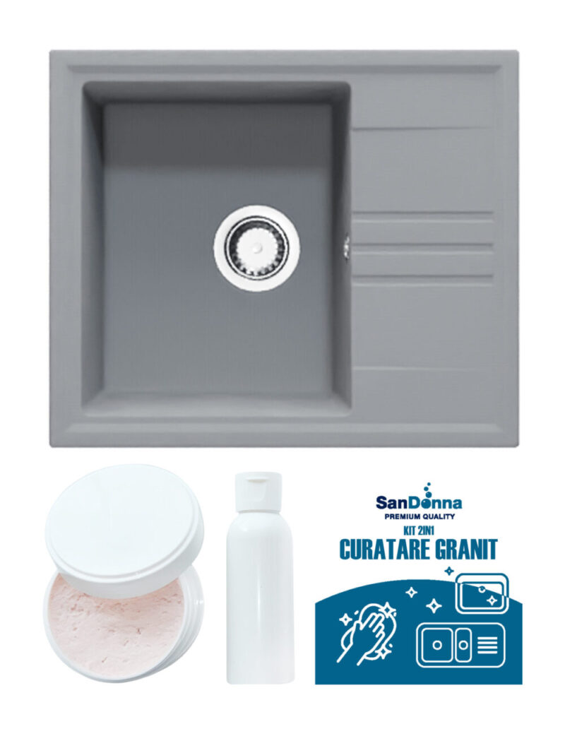 SET Chiuveta din granit compozit SanDonna Alina + Kit de curatare 2in1 format din pasta si ulei impregnant - Gri SET Chiuveta din granit compozit SanDonna Alina + Kit de curatare 2in1 format din pasta si ulei impregnant - Gri