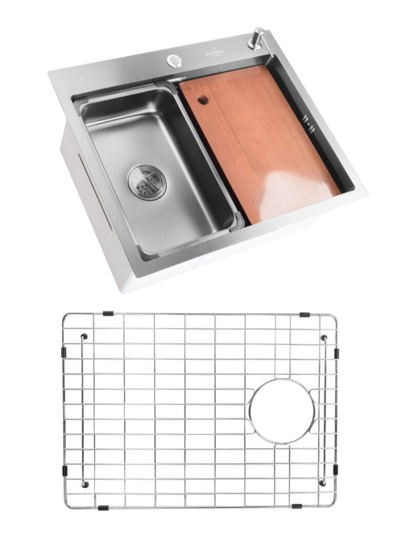 SET Chiuveta din inox SanDonna HD6050 cu tavita dozator si tocator + gratar de protectie din inox pentru cuva - Inox