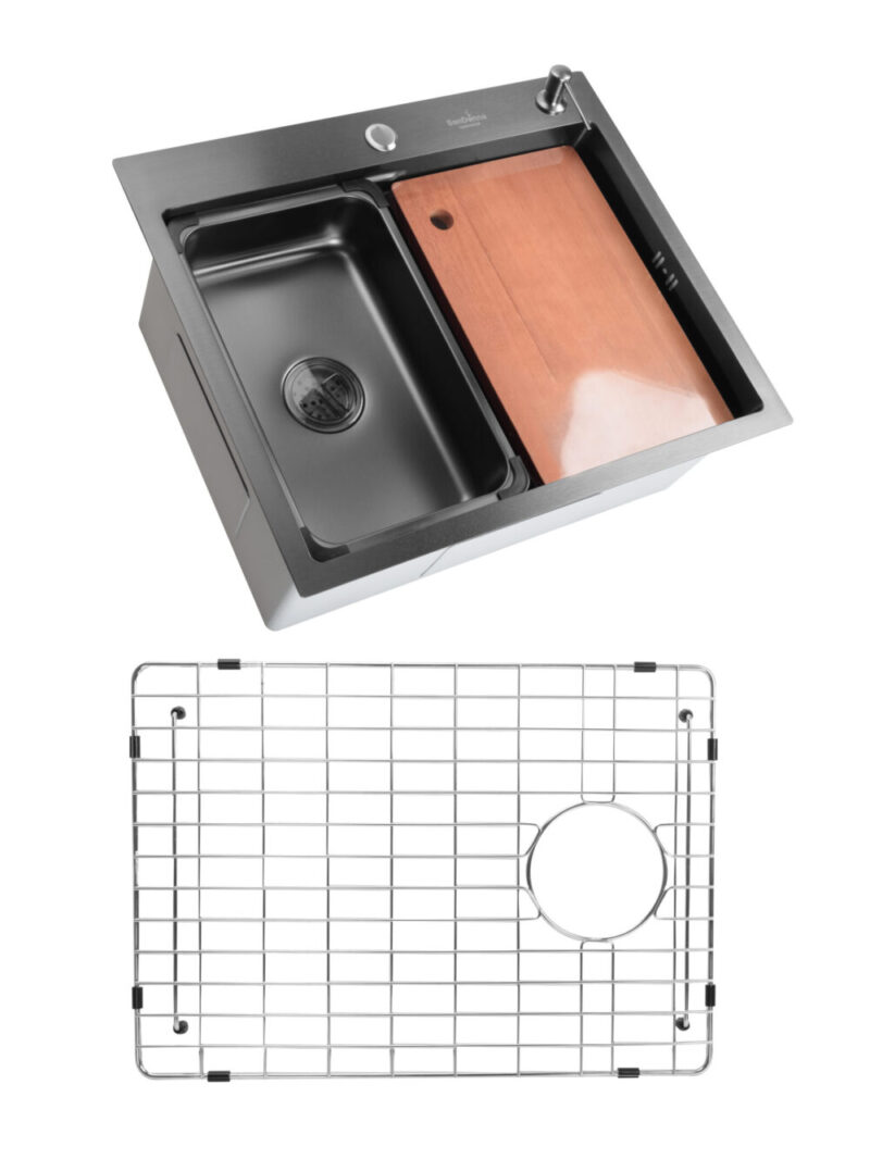 SET Chiuveta din inox SanDonna HD6050 cu tavita dozator si tocator + gratar de protectie din inox pentru cuva - Negru