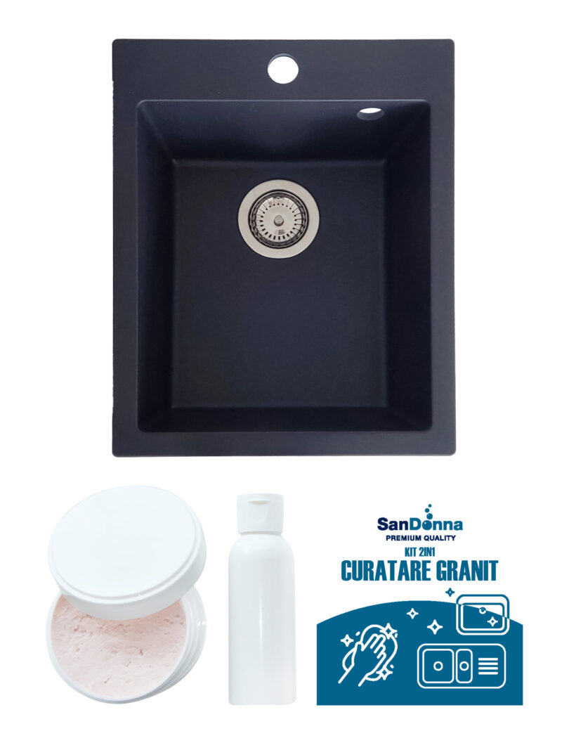 SET Chiuveta din granit compozit SanDonna Vesta + Kit de curatare 2in1 format din pasta si ulei impregnant - Negru