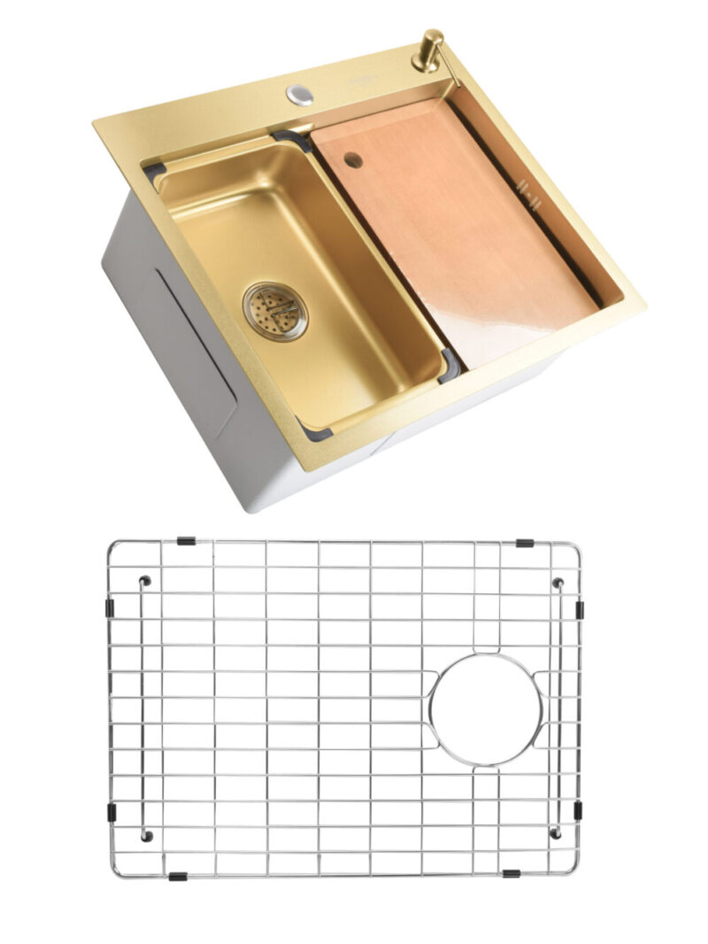 SET Chiuveta din inox SanDonna HD6050 cu tavita dozator si tocator + gratar de protectie din inox pentru cuva - Auriu