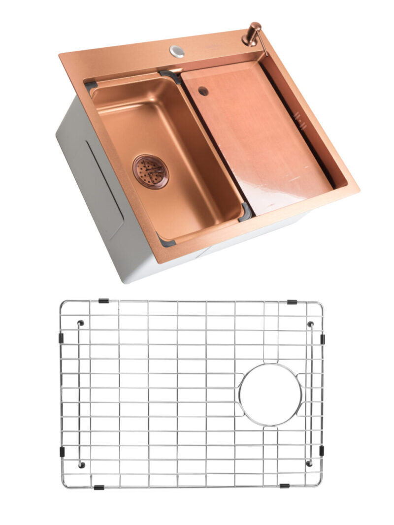 SET Chiuveta din inox SanDonna HD6050 cu tavita dozator si tocator + gratar de protectie din inox pentru cuva - Cupru