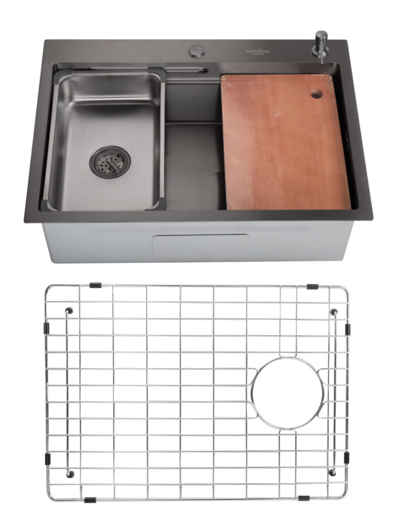 SET Chiuveta din inox SanDonna HD7050 cu tavita dozator + gratar de protectie din inox pentru cuva - Negru