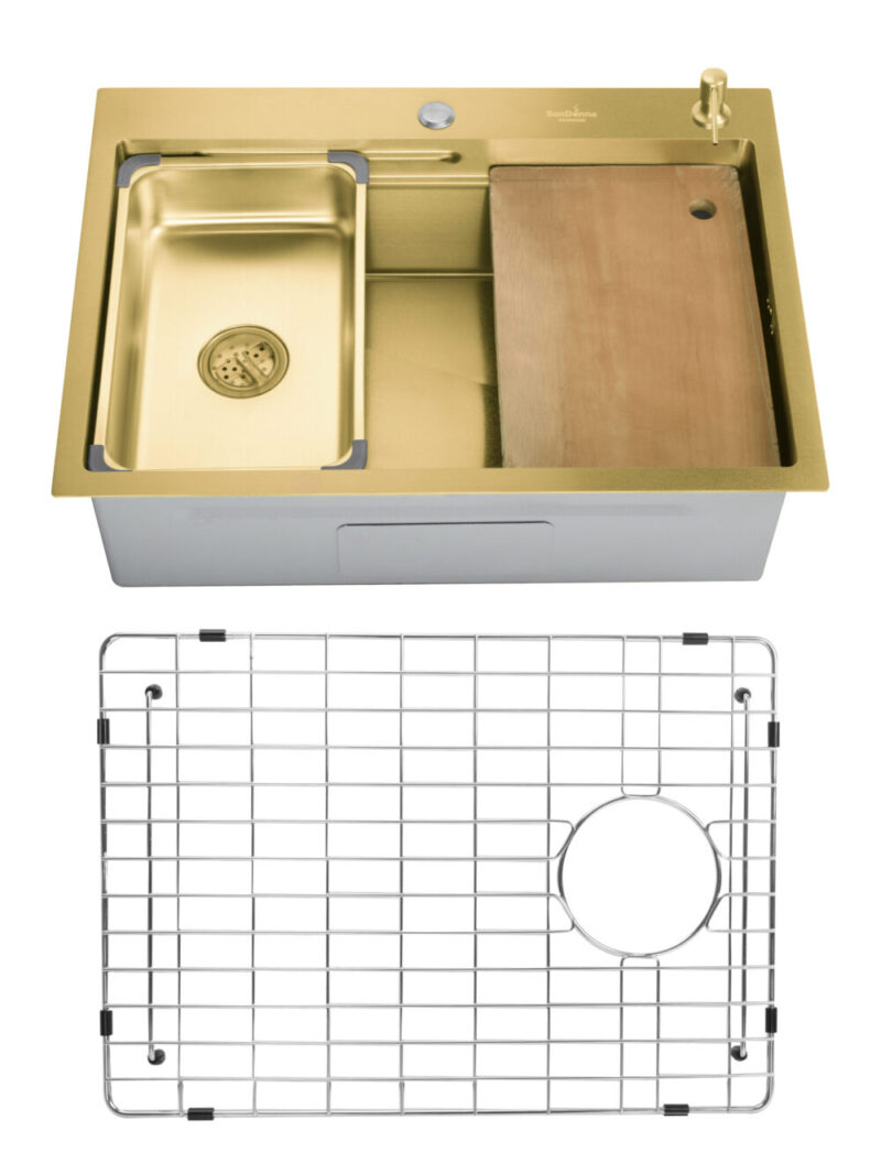 SET Chiuveta din inox SanDonna HD7050 cu tavita dozator + gratar de protectie din inox pentru cuva - Auriu