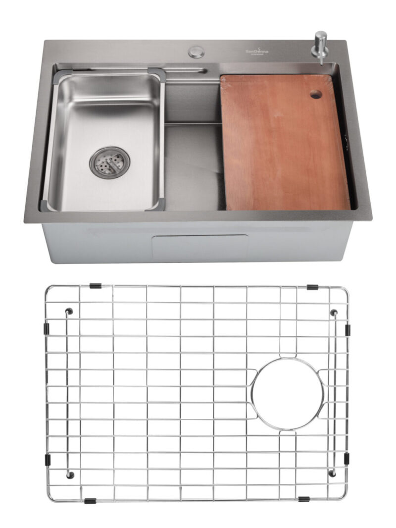 SET Chiuveta din inox SanDonna HD7050 cu tavita dozator + gratar de protectie din inox pentru cuva - Inox