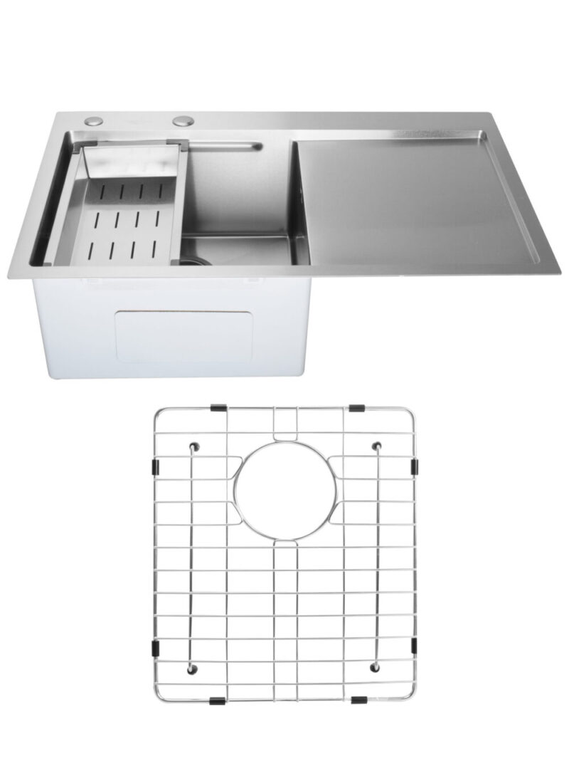 SET Chiuveta din inox SanDonna HD7850 cu tavita si dozator + gratar de protectie din inox pentru cuva - Inox SET Chiuveta din inox SanDonna HD7850 cu tavita si dozator + gratar de protectie din inox pentru cuva - Inox