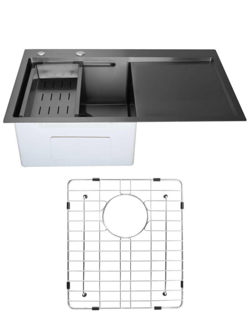 SET Chiuveta din inox SanDonna HD7850 cu tavita si dozator + gratar de protectie din inox pentru cuva - Negru
