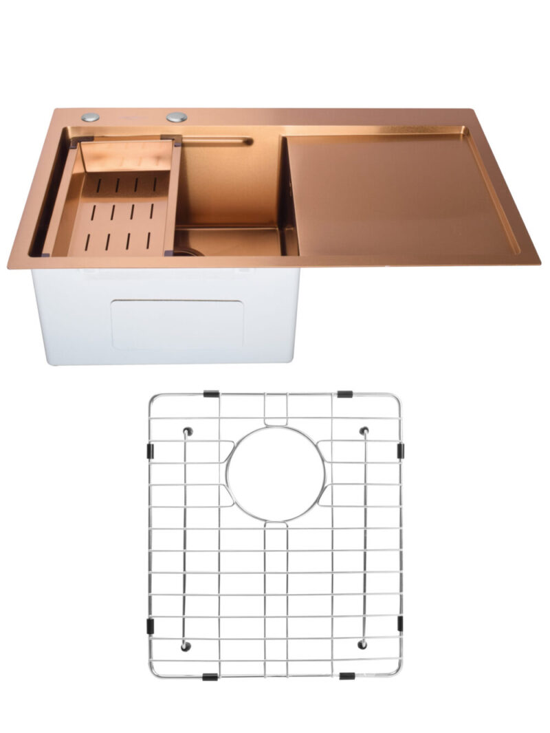 SET Chiuveta din inox SanDonna HD7850 cu tavita si dozator + gratar de protectie din inox pentru cuva - Cupru