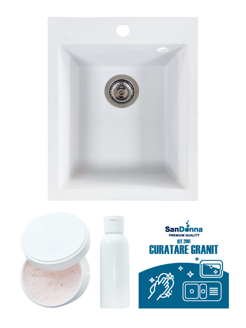 SET Chiuveta din granit compozit SanDonna Vesta + Kit de curatare 2in1 format din pasta si ulei impregnant - Alb