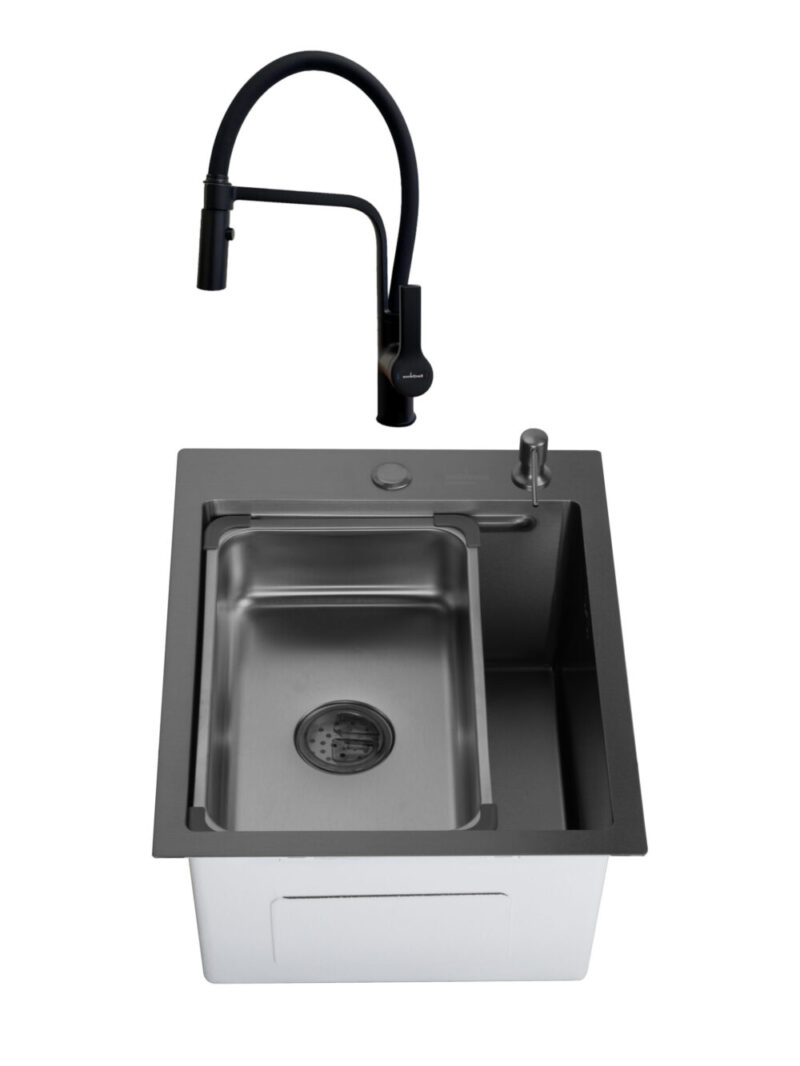 SET Chiuveta din inox SanDonna HD4050 cu tavita si dozator + Baterie flexibila SanDonna Andra - Negru Total SET Chiuveta din inox SanDonna HD4050 cu tavita si dozator + Baterie flexibila SanDonna Andra - Negru Total